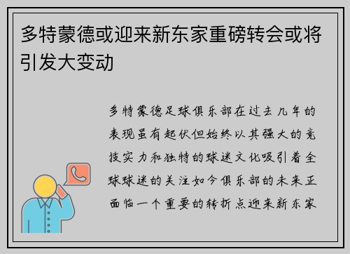多特蒙德或迎来新东家重磅转会或将引发大变动