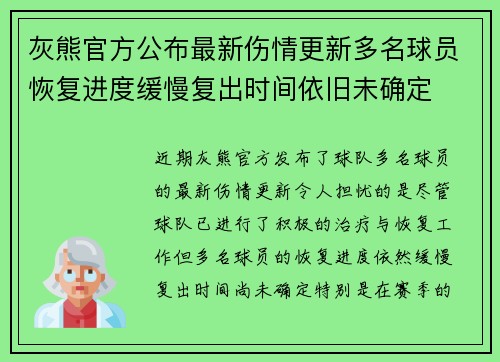 灰熊官方公布最新伤情更新多名球员恢复进度缓慢复出时间依旧未确定 灰熊官方公布最新伤情更新多名球员恢复进度缓慢复出时间依旧未确定